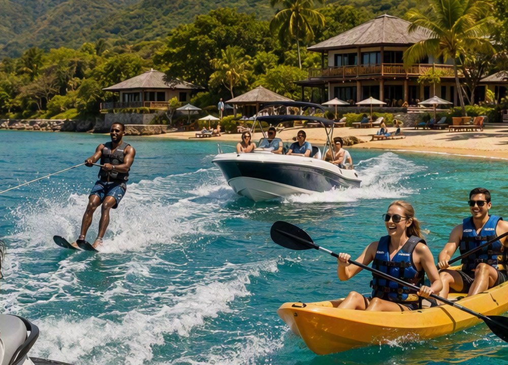 Water skiing and boating on a lake
