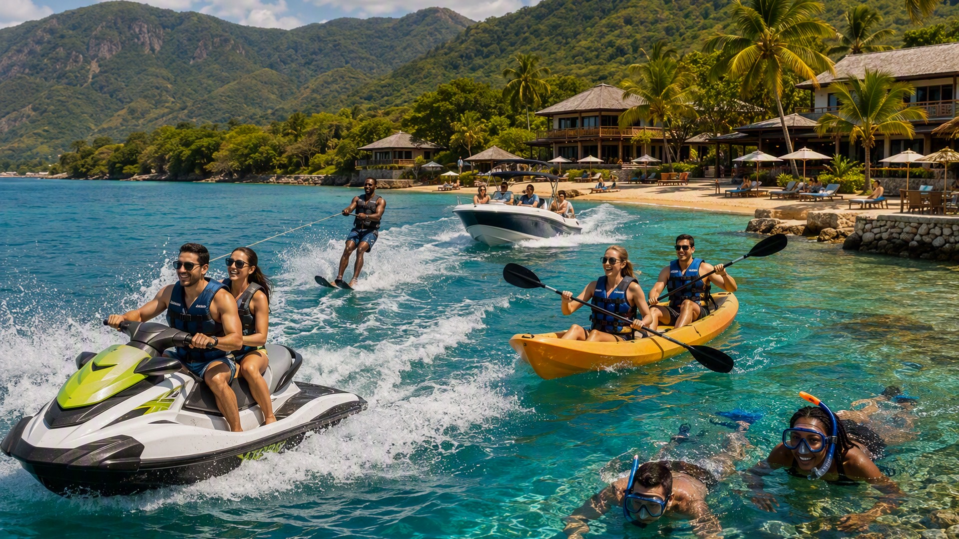 Lake watercraft activities near a resort